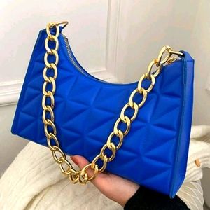 Brand New Minimalist Baguette Bag with Chunky Link Chain, Cobalt Blue